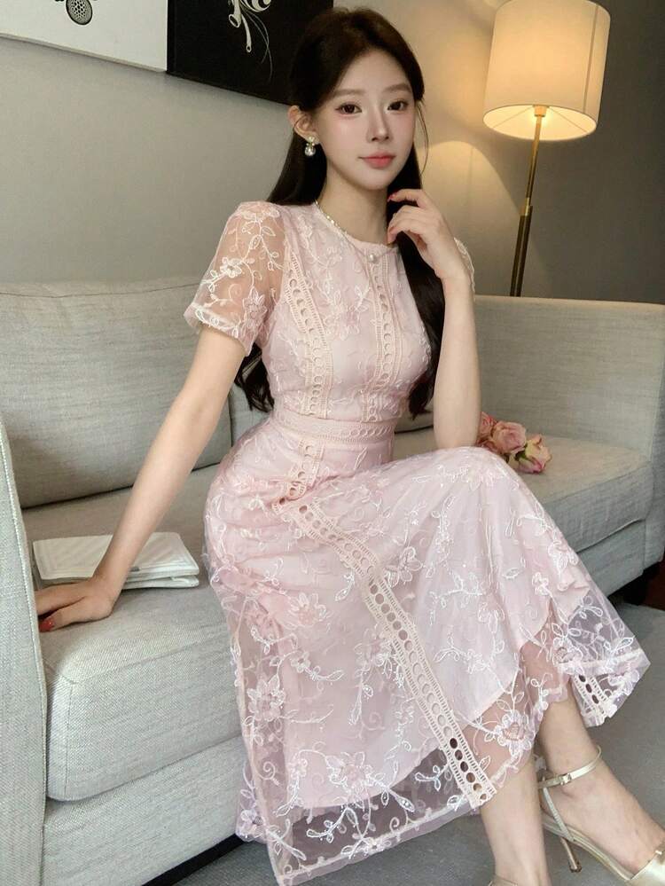 Elegant Lace Trim Short Sleeve Dress, Youthful And Chic Mini Party Dress Sundress Cocktail Dress