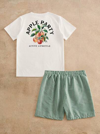 HIMLAND Men's Letter & Fruit Print Round Neck Short Sleeve T-Shirt And Striped Shorts Casual Suit