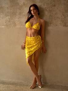 MOTF PREMIUM SEQUIN EMBROIDERED FLORAL APPLIQUES TASSEL TIE WAIST BOHEMIAN SARONG SKIRT - Yellow - View 7