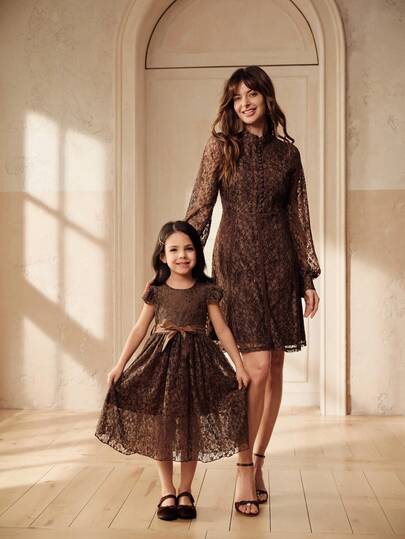 SHEIN 3D Flower A-Line Bow Cute Girls (Toddler) Dress, Matching Family Outfits Mom And Me Matching Brown Lace Dresses Mum And Daughter Brown Dresses Brown Lace Dress Kids Girls Brown Lace Dress Matching Cocoa Dresses,Mommy And Me Matching Outfits (2 Pieces Sold Separately)