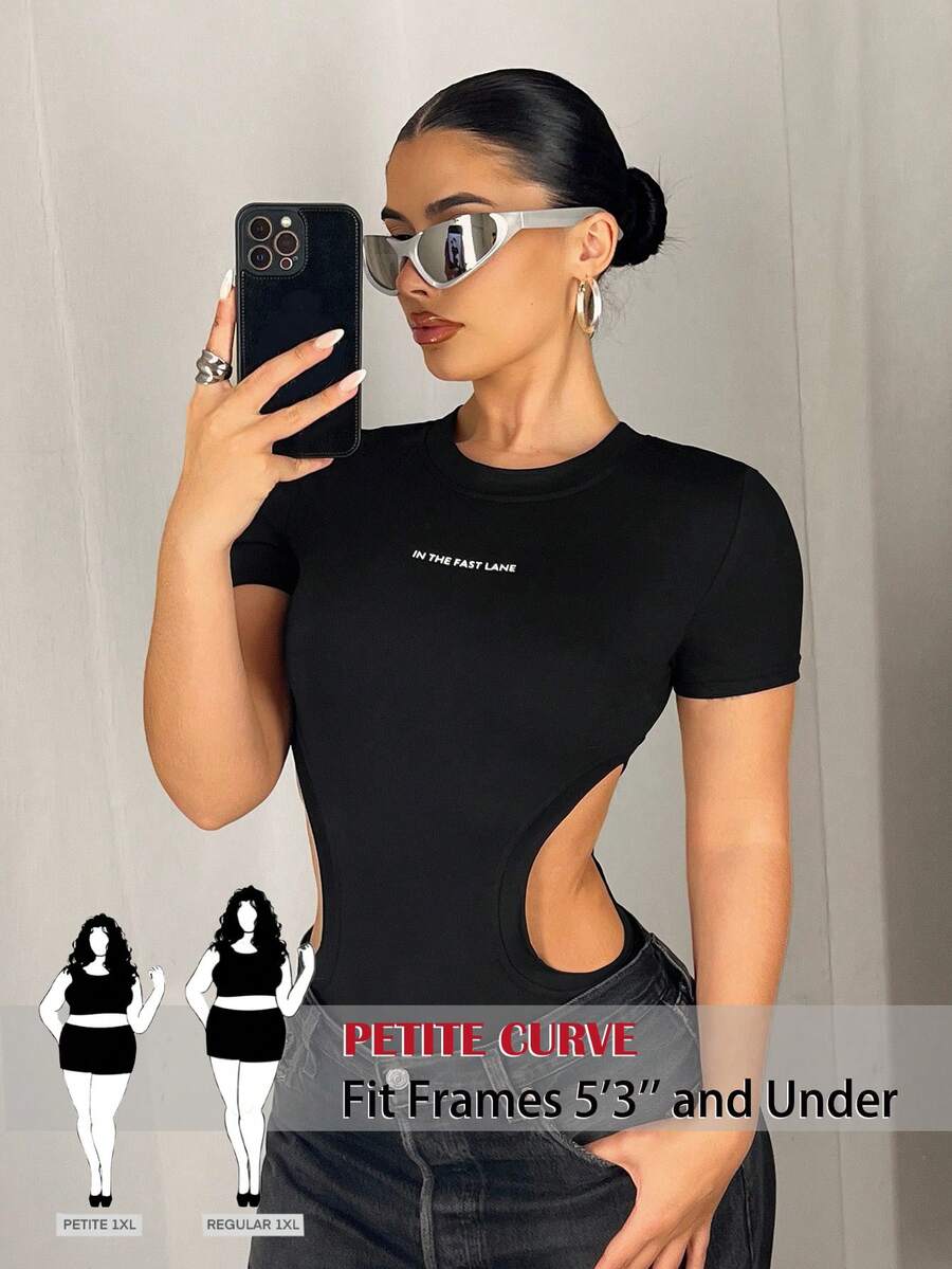 SHEIN PETITE CURVE 大码女士性感极简标语印花镂空腰部修身连体衣，适合日常通勤和夏季穿着