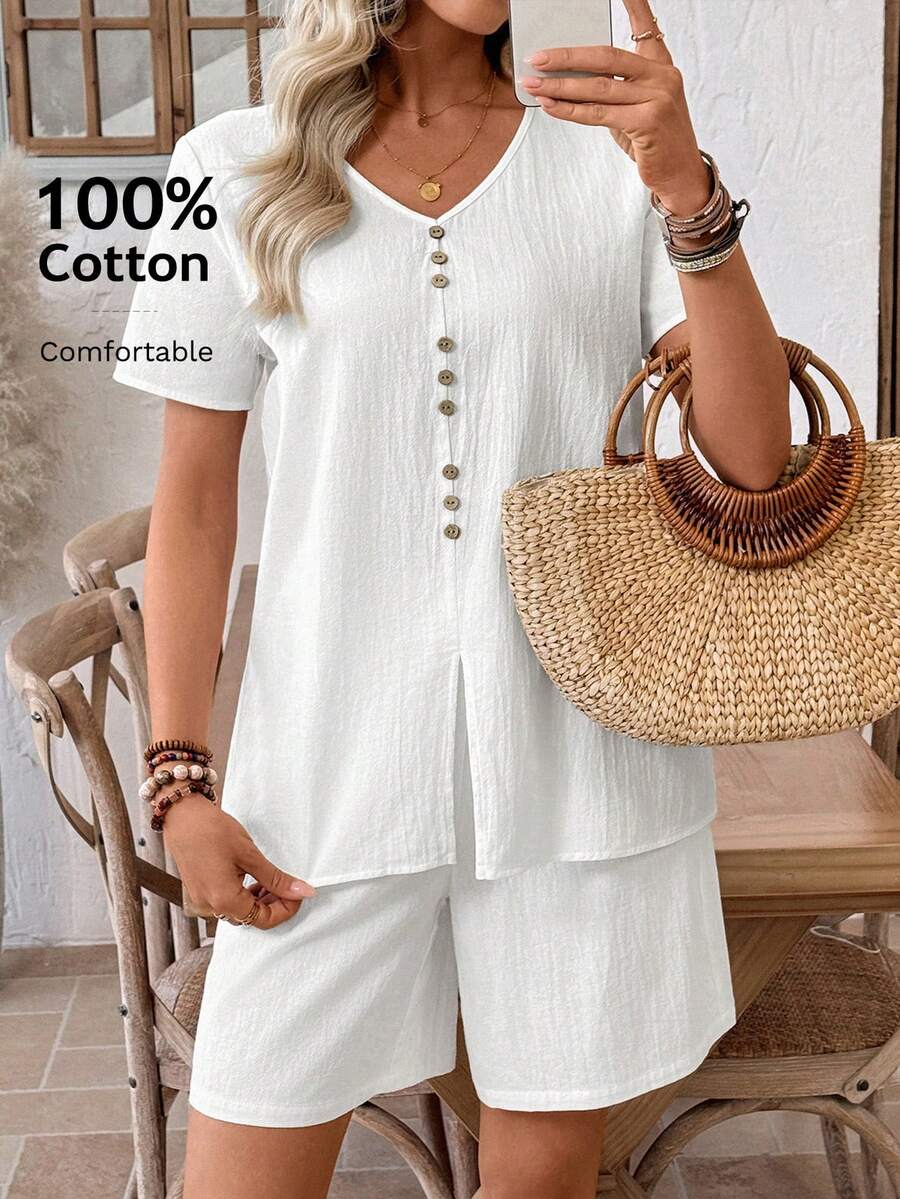 EMERY ROSE Bộ đồ nữ thường ngày gồm áo tay ngắn và quần dài màu trơn. - trắng - Xem 1