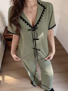 Dream Adore 女士休闲蝴蝶结装饰撞色滚边睡衣套装 - 綠色 - 查看 4