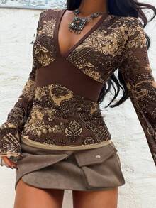 EgrlEra 千禧复古印花透气弹力网纱性感修身女士T恤 - 棕色 - 查看 3