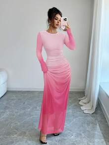 SHEIN Raffinéa Đầm ôm sát dài tay bằng vải lưới xuyên thấu, kiểu ombre, xếp ly, thích hợp mặc hàng ngày đi biển, ở nhà, công sở. - Màu Hồng  San hô - Xem 3