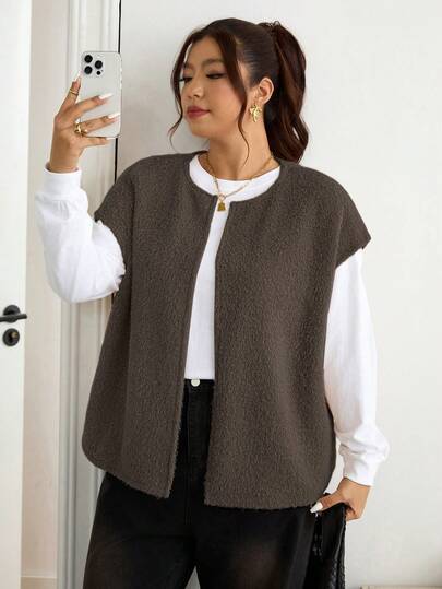 Lounesse Plus Size Women Metal Buckle Vest Jacket, Faux Suede Fabric, Thick Warm Jacket For Daily Wear & Commuting