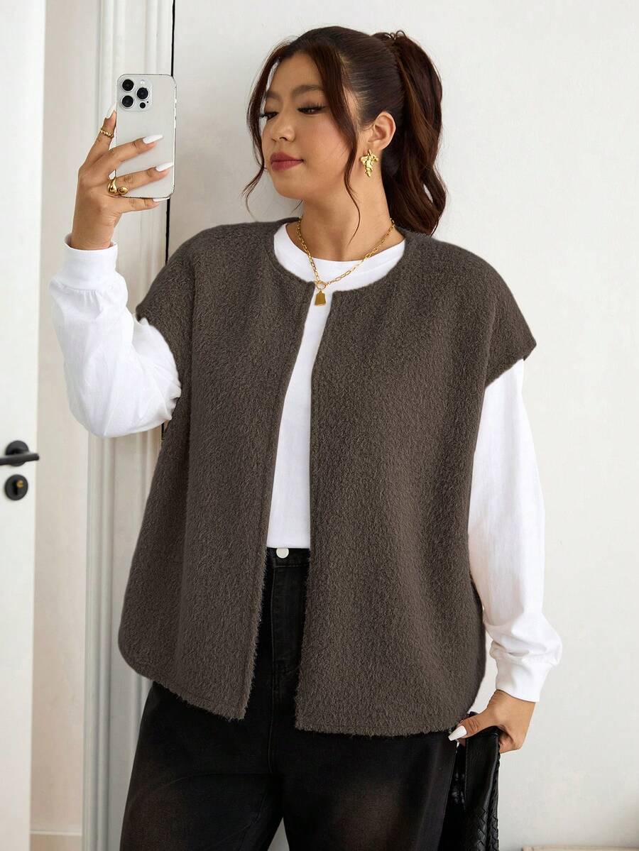 Lounesse Áo khoác gile nữ cỡ lớn với khóa kim loại, chất liệu giả da lộn, dày dặn, ấm áp, thích hợp mặc hàng ngày và đi làm. - Xám - Xem 1