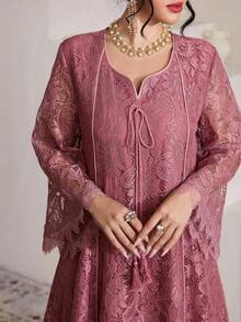 SHEIN Najma 方领蕾丝流苏七分袖喇叭形阿拉伯女式连衣裙 - 紫色 - 查看 3