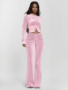 MUSERA 抽绳系带褶皱前片低腰丝绒修身喇叭裤（仅裤子）性感外出夜游可爱街头风夏季休闲裤 - 淺粉色 - 查看 5