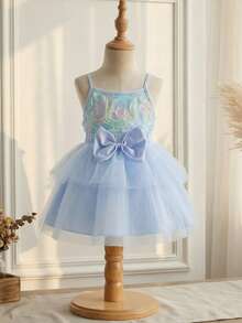 SHEIN 女婴夏季两件套，返校季适用，适合6个月至3岁宝宝，蓝色玫瑰网纱无袖上衣搭配松紧腰蝴蝶结半身裙，柔软可爱，适合春夏休闲穿着，也是一份贴心的礼物。 - 藍色 - 查看 6