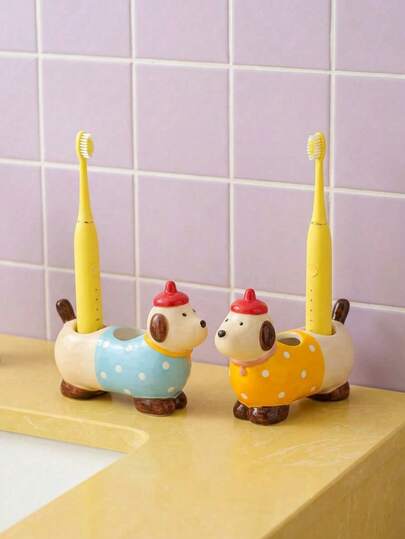 Joivida 创意可爱卡通动物彩色斑点戴帽腊肠犬情侣亲子家庭牙刷架，马桶洗漱台牙刷收纳架创意底座情人节礼物收纳架，可放置电动牙刷，美观大方的牙桥架，适合万圣节、圣诞节、情人节等节日赠送朋友。