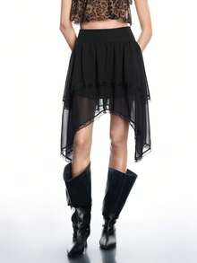 Airlisse 女士不对称休闲百搭雪纺半身裙，春夏款 - 黑色 - 查看 7