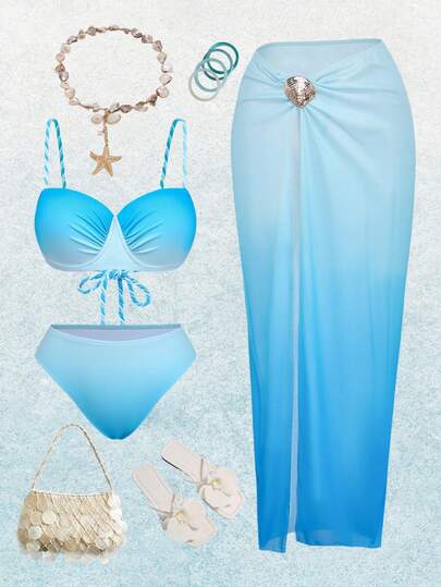 Swim Oasis Plus Size Ombre Tie-Front Tankini Bikini Set Set With Sarong Skirt