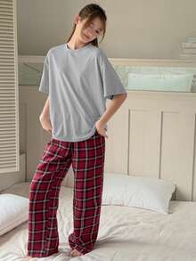 Dazy Kids Teen Girl Solid Color Round Neck Short Sleeve Top And Plaid Wide Leg Pants Casual Loungewear Set Spring Summer - Grey - View 3