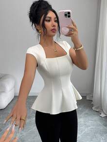 Elenzga Blouse femme à col carré de couleur unie, taille à plusieurs coutures, coupe évasée à ourlet parapluie, manches courtes, couleur abricot. Style élégant et raffiné, rétro français, romantique minimaliste. Convient pour le bureau, les déplacements, les affaires, les sorties casual, la plage, les rendez-vous, le printemps/été - Nude - Voir 6