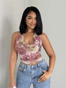 Alexandranx Women Floral Print Draping Halter Neck Backless Sleeveless Blouse - Green - View 4