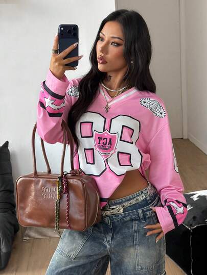 Coolane Women's & Men's Winter/Spring Couple Same Style Streetwear Going Out Music Festival Casual Athleisure Pink Graphics Comfortable V-Neck Long Sleeve Jersey T-Shirt