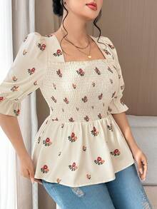 Feyla Áo sơ mi tay phồng họa tiết hoa nhí cỡ lớn, phong cách thường ngày, dành cho mùa hè. - Màu be - Xem 5