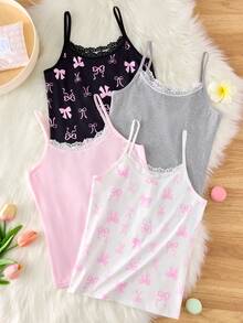 4pcs Girls Minimalist Multi-Color Bow Print Lace Front Soft & Comfortable Everyday Basic Camisole Undershirt Set - Multicolor - View 2