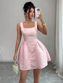 Rafferiza 女士方领A字提花迷你连衣裙，粉色 - 彩色 - 查看 7