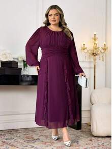 SHEIN CURVE+ Đầm dài tay màu trơn cỡ lớn thanh lịch, đơn giản và thời trang, mặc thường ngày, đầm dài màu tím/2026/Năm mới - Màu tím - Xem 5