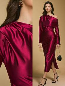 Poéselle 女士优雅纯色修身不对称领连衣裙 - 棕色 - 查看 1