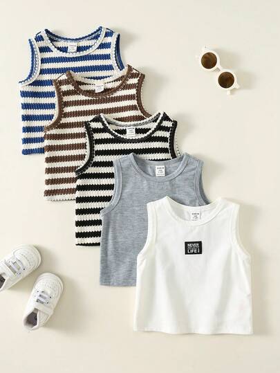 SHEIN Set de 5 piezas de tops sin mangas de punto a rayas y de unicolor, ropa de bebé unisex niño/niña casual y linda para primavera/verano