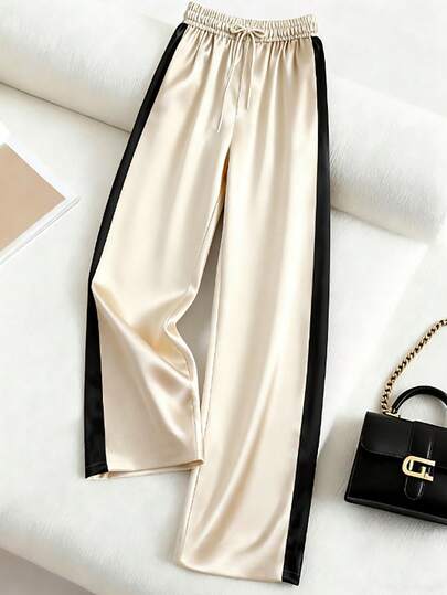 SHEIN Franclia Women's Casual High Waist Patchwork Pants Silk Pants Satin Pants Cream Pants Black And White Pants Elegant Pants For Women