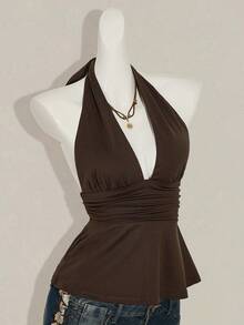 SHEIN ICON Y2k Women's Going Out Boho Brown Halter Backless Babydoll Tank Top Spring To Summer - Brown - View 8