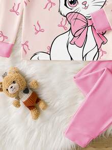 1set Baby Girls' Pajamas, Pink Cute Cartoon Cat & Bow Print, Snug Fit Long Sleeve Top And Pants, Spring/Autumn - Pink - View 3