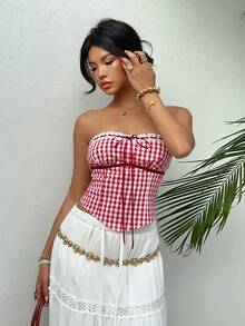 Aloruh Áo không tay mới cho nữ, kiểu dáng corset ống màu đỏ trắng kẻ caro với viền ren và nơ trang trí, phong cách Y2K, thích hợp cho mùa xuân/hè, đi biển, nghỉ lễ, hè, đi chơi. - Đỏ và trắng - Xem 6