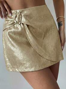 Firerie 女士新款简约优雅时尚通勤金属配饰裹身亚麻迷你裙 女士半身裙 金色半身裙 裹身裙 系带半身裙 - 金色 - 查看 6