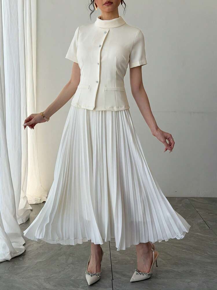 Women's Solid Color Short Sleeve Single-Breasted Pleated Hem Elegant Dress Spring Summer Sundress