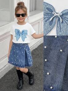 Elladie kids 2 peças/Conjunto Roupa de Estilo Fofo para Meninas Jovens, Inclui Top de Malha de Manga Curta Branca com Detalhe de Laço e Saia Denim Azul Vintage Ajustada com Decoração de Pérolas, Tecido Macio e Confortável, Elegante e Versátil para Primavera/Verão - Azul e Branco - Visão 8