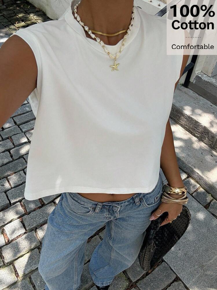 Siren Gaze Débardeur court 100% coton décontracté pour femmes, coupe confortable, couleur unie, top de sortie, top blanc, vacances d'été, crop top blanc pour femmes, t-shirt court blanc, top blanc Y2K, top confortable blanc, top d'été blanc mignon, crop top blanc - Blanc - Voir 1