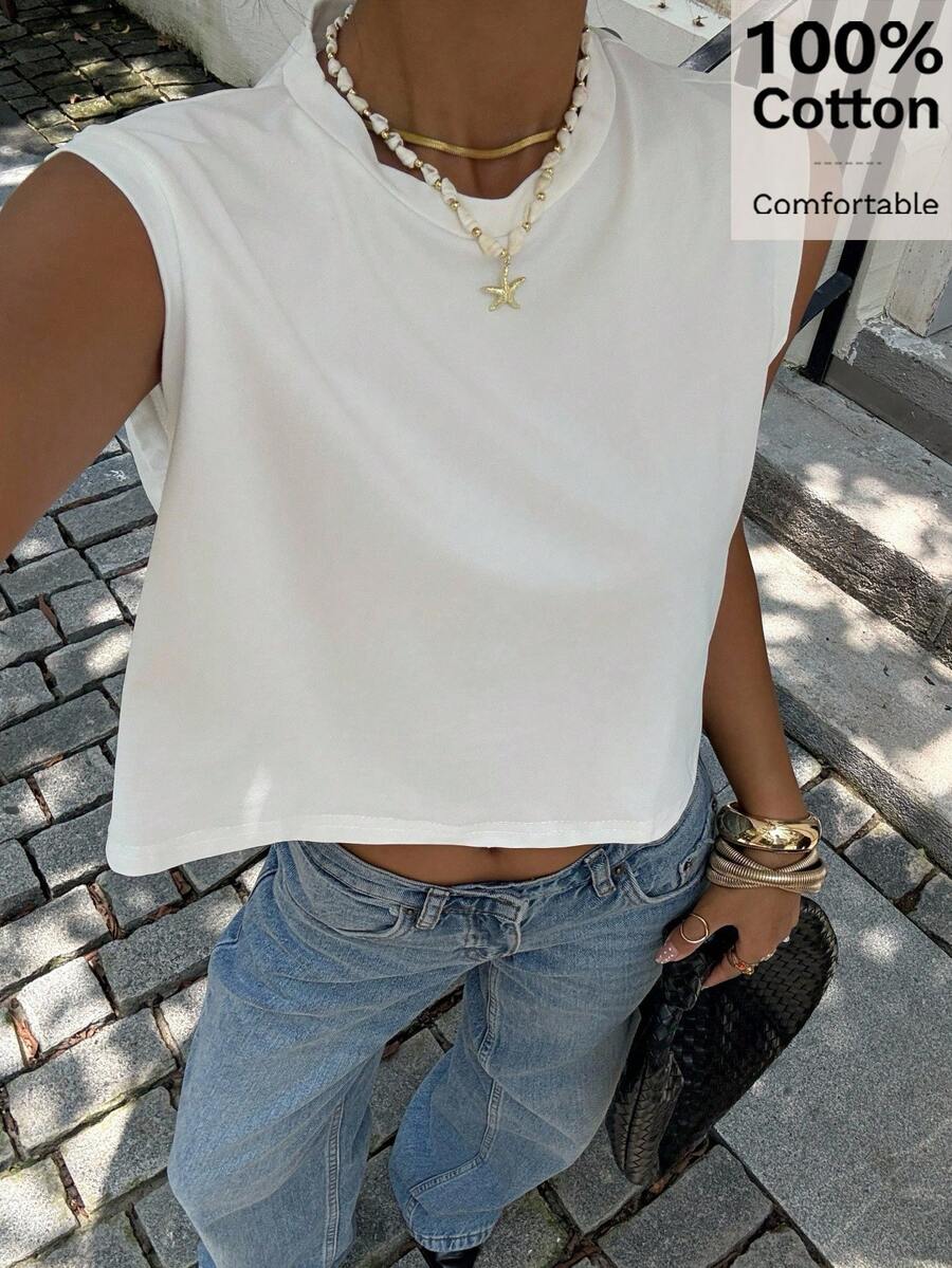 Siren Gaze Áo tank top nữ 100% cotton không tay dáng ngắn, thoải mái, màu trắng trơn, thích hợp mặc đi chơi, áo trắng mùa hè, áo crop top trắng nữ, áo thun crop top trắng nữ, áo thun trắng phong cách Y2K, áo thoải mái, áo trắng mùa hè, áo trắng dễ thương, áo crop top trắng. - trắng - Xem 1