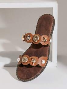 SHUZIA Women's Minimalist Comfortable, Durable, Double Band Slip-On Flat Sandals With Metal Ornaments - Maroon - View 6