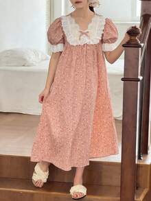 SHEIN 青少年女孩碎花V領長袖寬鬆休閒睡裙，度假與居家碎花長袖洋裝 - 粉色 - 查看 1