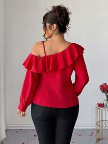 Elenzga Chic Red Plus Size Cold Shoulder Ruffle Top With Asymmetrical Neck And Long Sleeves Fall - Red - View 2