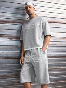 AXEPEAK Men's Casual Fashion Street Daily Commute Letter Print Drop Shoulder Loose T-Shirt And Drawstring Waist Shorts Set, Summer - Light Grey - View 4