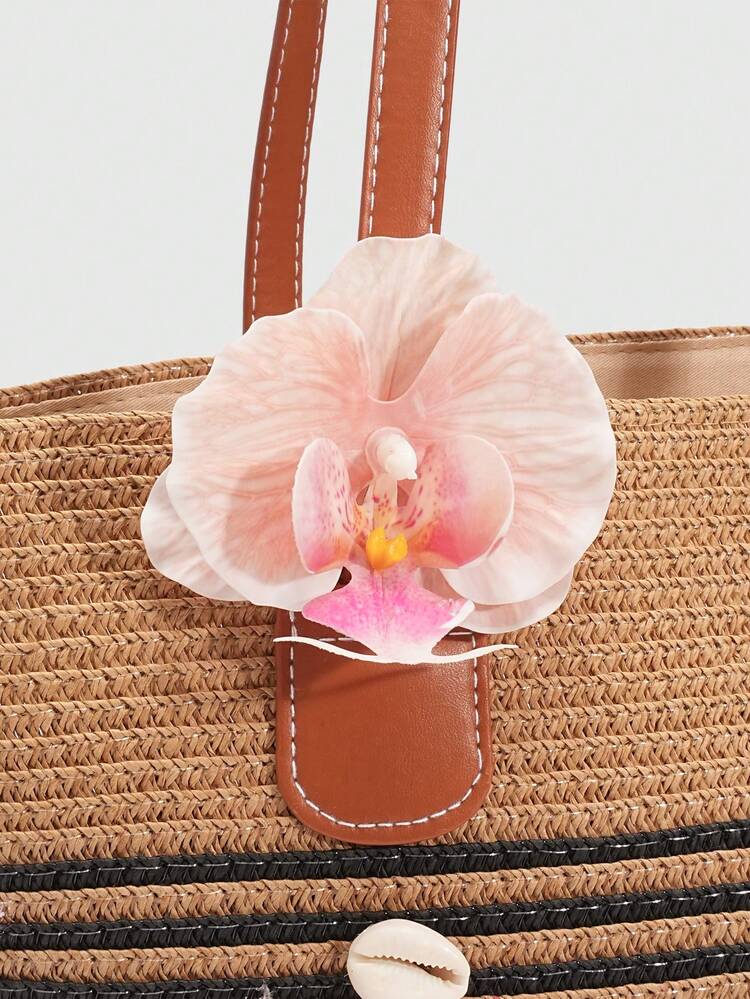 ROMWE Fairycore 1 Pc Holiday Theme Seashell, Conch, Coral, Pearl Decorated Ladies Handbag, Large Capacity Floral Straw Beach Bag, "Hello" Letter Decorated Straw, Suitable For Spring/Summer Outing Travel Tote Bag. - Multicolor 2 - View 6