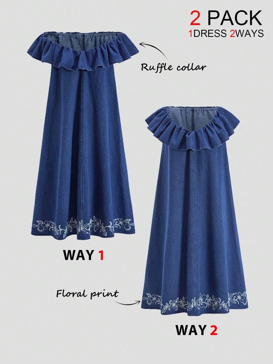 Travachic 女士复古荷叶边下摆休闲牛仔连衣裙，百搭夏季时尚 - 中等水洗藍 - 查看 1