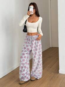 Flirla 圣诞新款毛绒印花舒适女士宽松直筒裤 - 彩色 - 查看 6