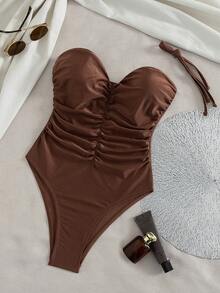 Swim Chiccia 新款优雅潮流畅销连体巧克力棕色比基尼套装，亮泽闪亮的棕色面料，奢华无肩带可拆卸褶皱连体泳衣，浓郁棕色，光泽闪亮面料——高衩性感剪裁，打造海滩和泳池魅力，波西米亚风泳装，复古Y2K辣妹风泳装，适合夏季海滩泳池度假、音乐节、狂欢节泳池派对、热带海岸早午餐等场合。 - 棕色 - 查看 7