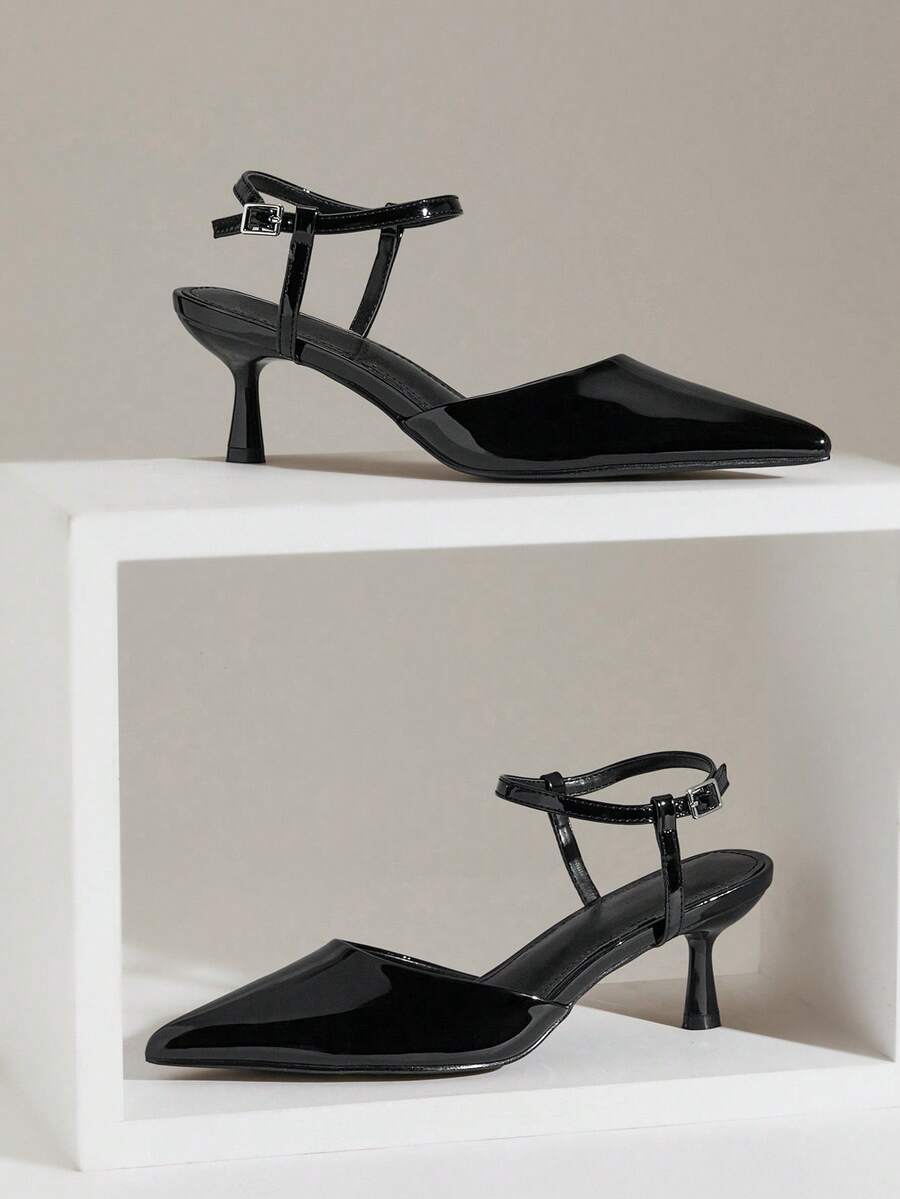 SHUZIA 女士时尚性感尖头踝带小猫跟鞋 - 黑色 - 查看 1