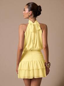 SHEIN BAE Sleeveless Ruffle Hem Solid Color Mini Sundress, Elegant Sweet Cute Fit Mini Dress, Suitable For Romantic Dates, Parties, Formal Gatherings, Bridesmaid Dresses, Summer Dresses, Tea Party Dresses, New Year, Valentine's Day, Birthday Mini Dress, Pink Dress ,Summer Dress - Yellow - View 2