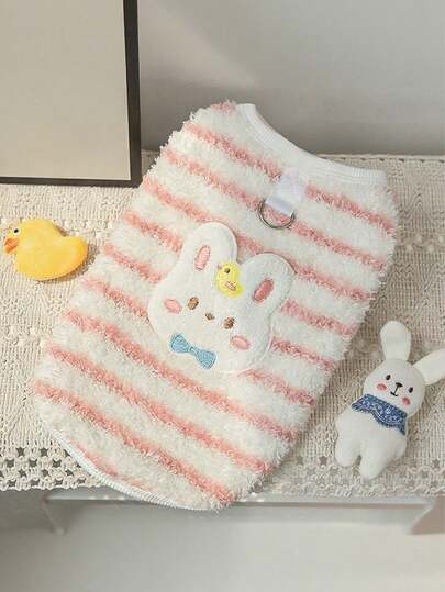 1pc/Cute Cartoon Rabbit Embroidered Pet Clothes - Soft Striped Wool Dog Sweater With Leash Ring, Warm & Fashionable Cat Vest, Suitable For Small To Medium Dogs & Cats, Comfortable & Washable, Ideal For Puppies/Kittens Daily Wear, Cold Weather, Photography And Holiday Occasions.