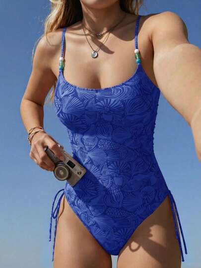 SHEIN Swim Women's Short Spaghetti Strap One-Piece With Colorful Beads And Drawstring Tie Side In Blue Y2k Tankini One Piece Bathing Suit Full Coverage One Piece Tummy Control Swimsuit Western Swim Suits For Women