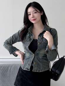 DAZY Women's Long Sleeve Single-Breasted Casual Pocket Denim Jacket - Blue - View 6