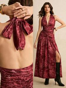 Poéselle Women's Elegant Burgundy Floral Halter Maxi Dress,Summer Dinner Date Ruched Waist Side Slit Boho Brocade Jacquard Long Banquet Winery Evening Gown - Coral Pink - View 1